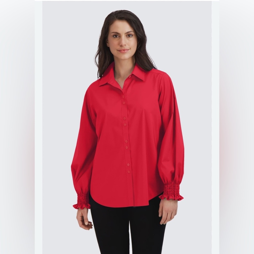 Foxcroft Red Button-Down Shirt with Smocked Cuffs